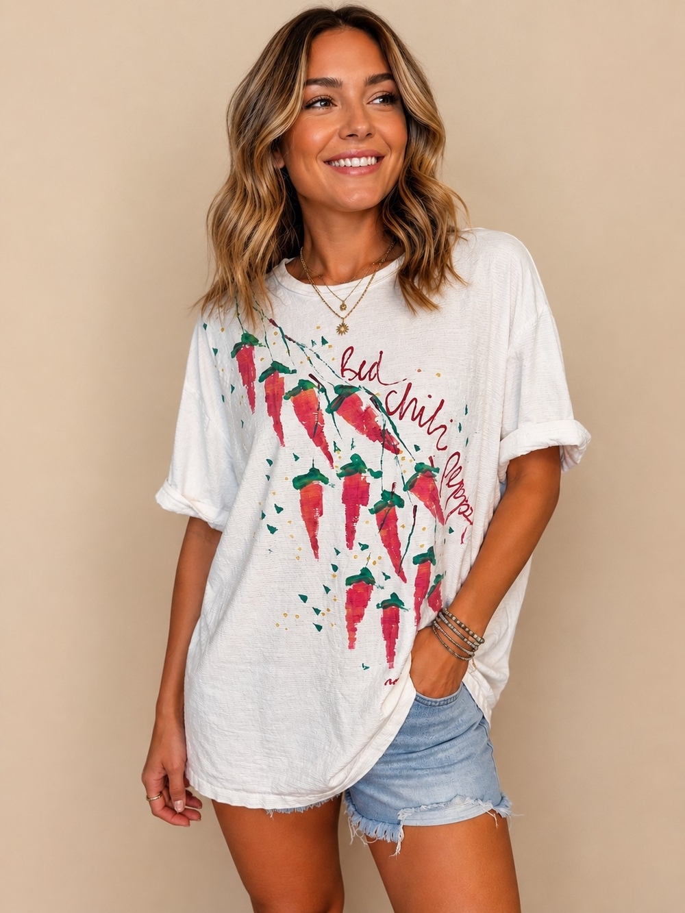 Just Me White Short Sleeve Tee with Red Chili Pepper Graphic